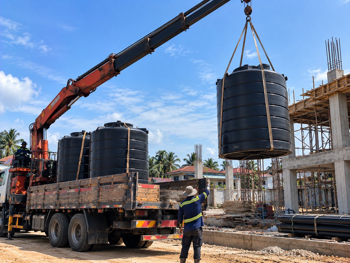 HDPE Water Tank Lifted by Crane at A Construction Site