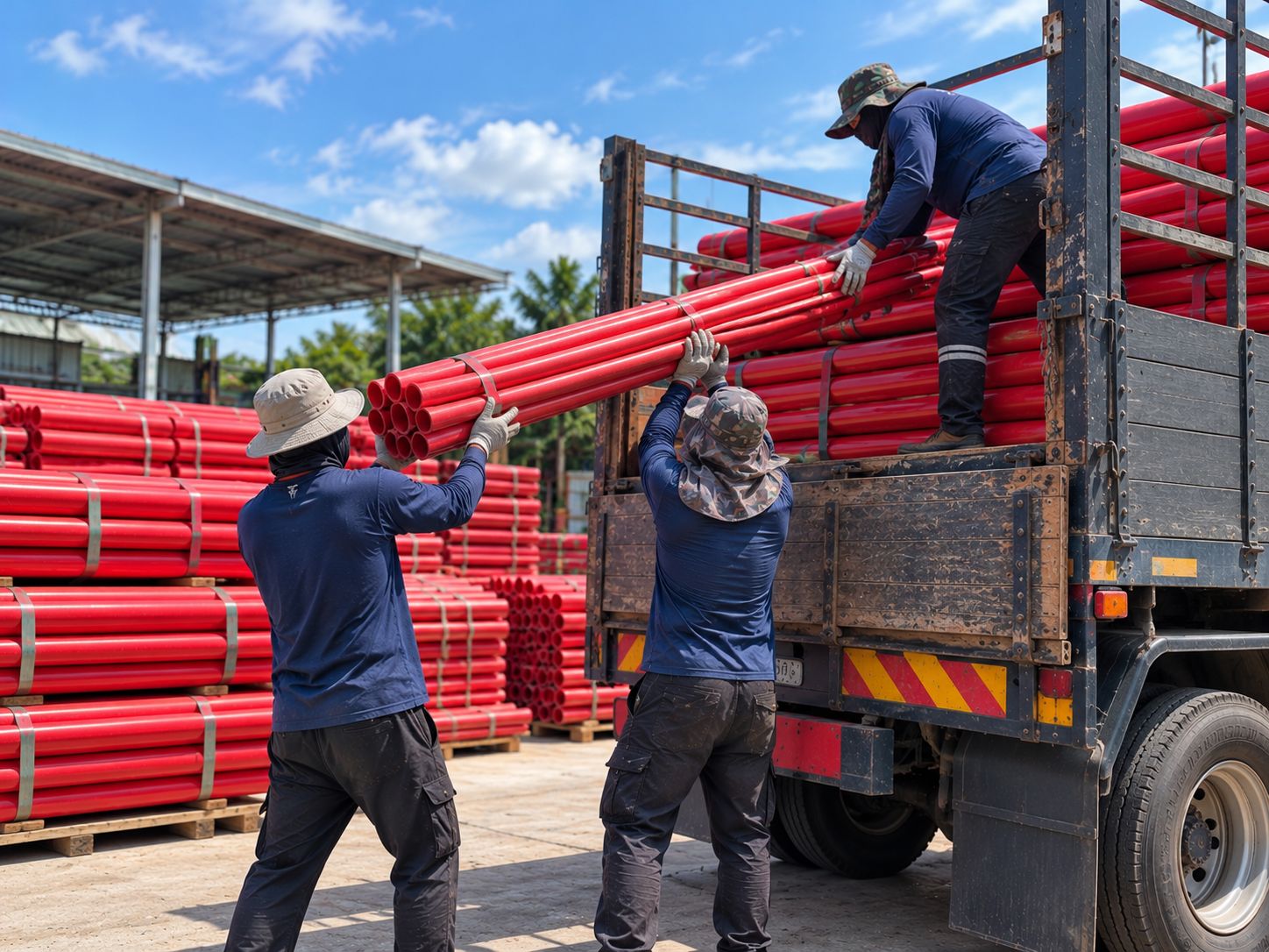 Workers Loading Red HDPE TNB Cable Pipes onto A Lorry